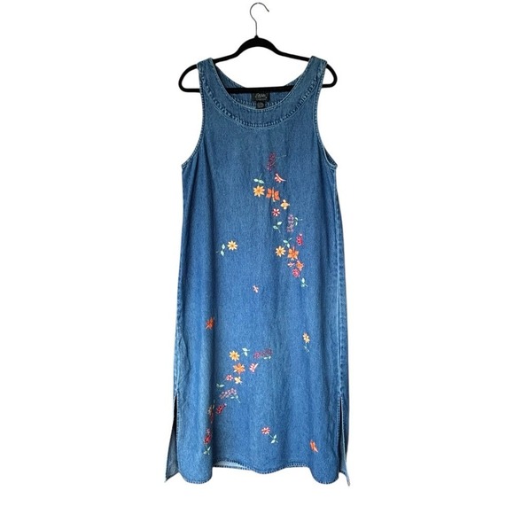 Agapo Collection Embroidered Denim Sleeveless Midi Dress Vintage 90s Y2K Size L - Picture 1 of 6